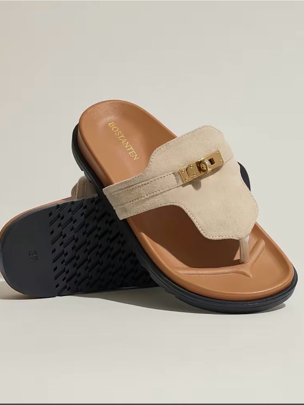 Size 8 Beige Suede Thong Sandal with Gold Accent